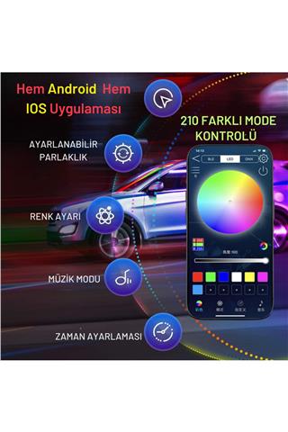 Far İçi ve Far Üstü APP Kontrollü Uyumlu RGB LED Ambiyans Kayar Led Android ve IOS Uyumlu 12-24V