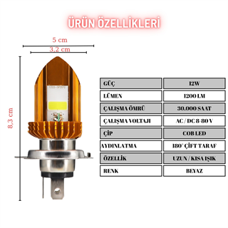 H4 Motosiklet Led Far Ampul 12-24V Beyaz 1 ADET 12W 1200LM  Metal Gövde Soğutma