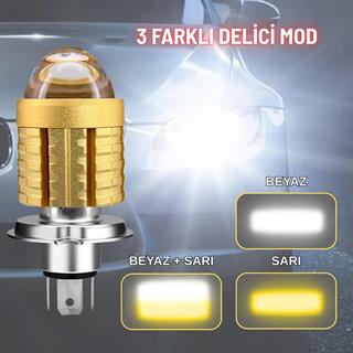 H4 Uzun Kısa Mercekli Motosiklet Otomobil Led Ampul 12-24V Beyaz + Amber Sarı Far Lambası 1500 LM