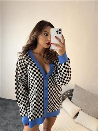 Kadın Damalı Desen Düğmeli Triko Hırka