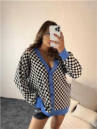 Kadın Damalı Desen Düğmeli Triko Hırka