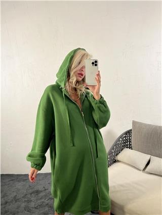 Kadın Fermuarlı Kapüşonlu Uzun Oversize Sweatshirt YEŞİL