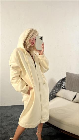 Kadın Fermuarlı Kapüşonlu Uzun Oversize Sweatshirt KREM