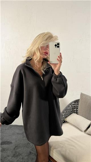 Kadın Geniş Kesim Balon ve Düşük Kol Oversize Sweatshirt FÜME