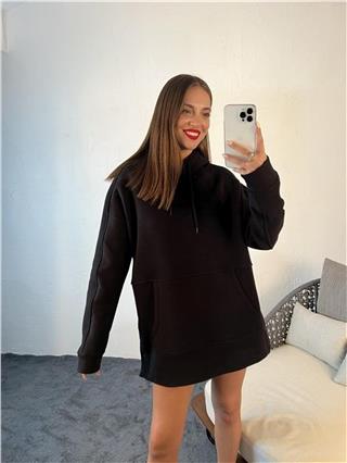 Kadın Kapüşonlu Yan Düğme Detaylı Stil Sweatshirt SİYAH