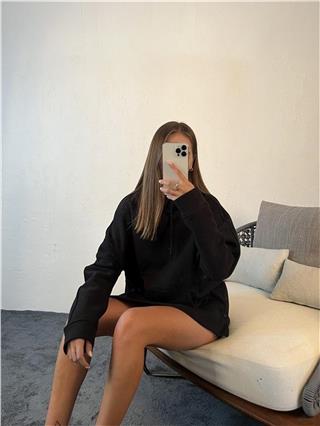 Kadın Kapüşonlu Yan Düğme Detaylı Stil Sweatshirt SİYAH