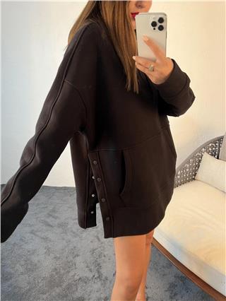 Kadın Kapüşonlu Yan Düğme Detaylı Stil Sweatshirt SİYAH