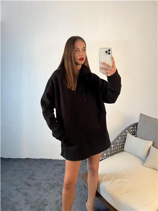 Kadın Kapüşonlu Yan Düğme Detaylı Stil Sweatshirt SİYAH