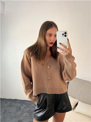 Kadın Kısa Düğmeli V Yakalı Triko Hırka VİZON