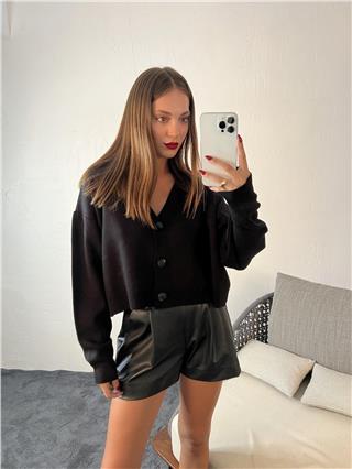 Kadın Kısa Düğmeli V Yakalı Triko Hırka SİYAH