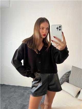 Kadın Kısa Düğmeli V Yakalı Triko Hırka SİYAH