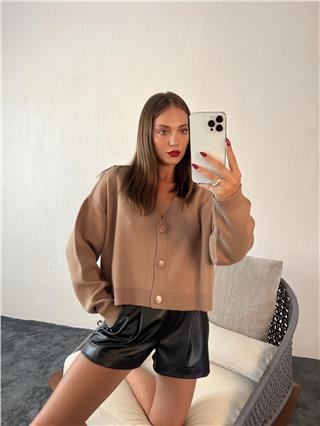 Kadın Kısa Düğmeli V Yakalı Triko Hırka VİZON