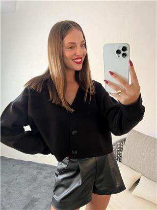 Kadın Kısa Düğmeli V Yakalı Triko Hırka SİYAH