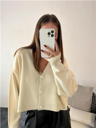 Kadın Kısa Düğmeli V Yakalı Triko Hırka KREM