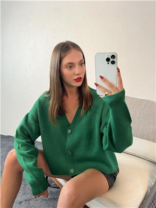 Kadın Kısa Düğmeli V Yakalı Triko Hırka KOYU YEŞİL