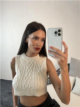 Kadın Kolsuz Triko Bisiklet Yaka Crop Süveter KREM
