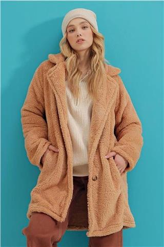 Kadın Oversize Peluş Düğmeli Mont Ceket