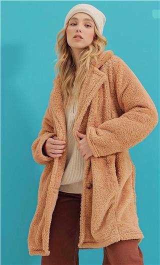 Kadın Oversize Peluş Düğmeli Mont Ceket