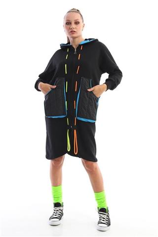 Kadın Siyah Multicolor Oversize Hırka Ceket