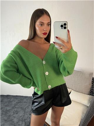 Kadın Üç Düğmeli Triko Hırka AÇIK YEŞİL