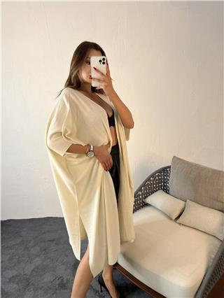 Kadın Uzun Stil Oversize Standart Beden Uzun Hırka KREM
