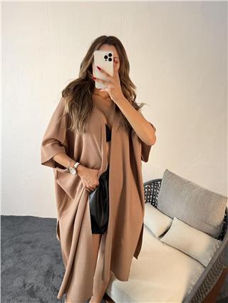 Kadın Uzun Stil Oversize Standart Beden Uzun Hırka VİZON
