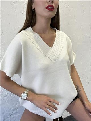 Kadın V Yaka Triko Süveter KREM