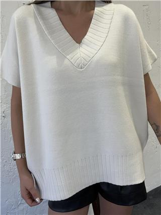 Kadın V Yaka Triko Süveter KREM