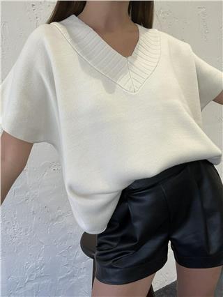 Kadın V Yaka Triko Süveter KREM