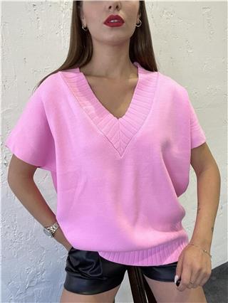 Kadın V Yaka Triko Süveter PEMBE