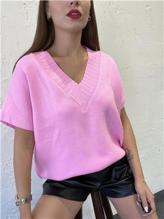 Kadın V Yaka Triko Süveter PEMBE
