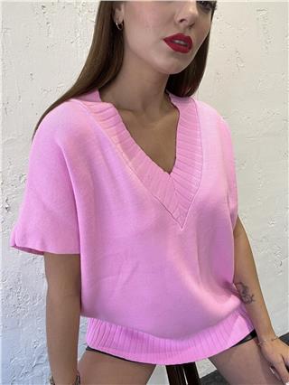 Kadın V Yaka Triko Süveter PEMBE