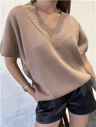 Kadın V Yaka Triko Süveter VİZON