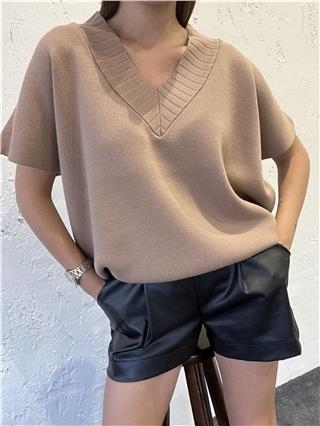 Kadın V Yaka Triko Süveter VİZON