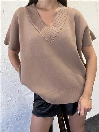 Kadın V Yaka Triko Süveter VİZON