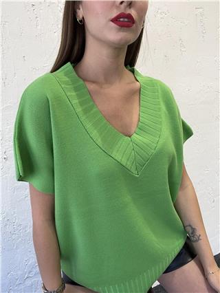 Kadın V Yaka Triko Süveter YEŞİL