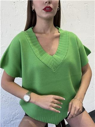 Kadın V Yaka Triko Süveter YEŞİL