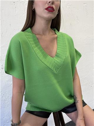 Kadın V Yaka Triko Süveter YEŞİL