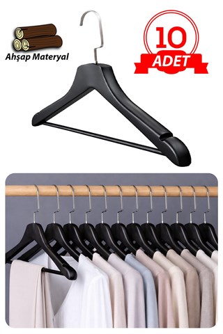 Kalın Ahşap Ceket Gömlek ve Takım Elbise için Lüks Askı 10 ADET 3 cm Kalınlık SİYAH