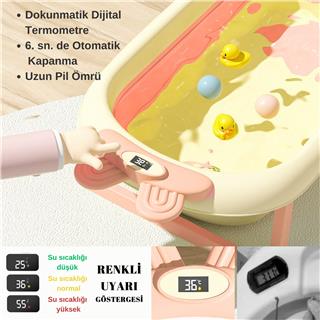 Katlanabilir Termometreli Bebek Küveti Ve Filesi Yazlık Bebek Havuzu PEMBE