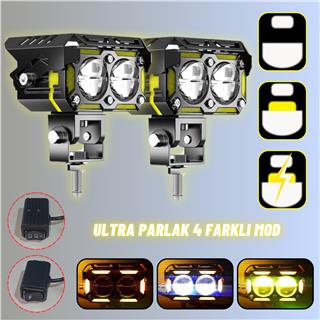 LED DRL Sinyalli Motosiklet Sis Farı Çakarlı Çift Renk 4 Modlu Delici Yüksek Performans Set
