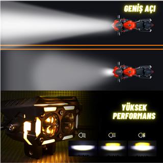 LED DRL Sinyalli Motosiklet Sis Farı Çakarlı Çift Renk 4 Modlu Delici Yüksek Performans Set