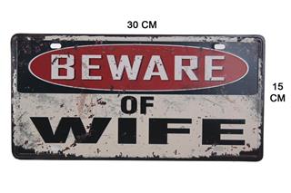 Metal Tabela Dekoratif Retro Dekor Duvar Süsü BEWARE of WIFE 30X15 Cm