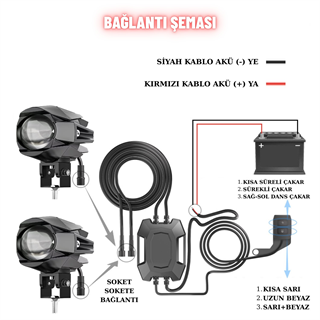 Motosiklet Sis Farı Çift Renk Tüm Montaj Aparatları ve Kablo Set ile Kolay Montaj