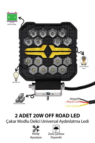 Off-Road Kare LED Çalışma Lambası 2 Adet 20W -Selamlamalı Gündüz LED Flash Mod & Delici Işık