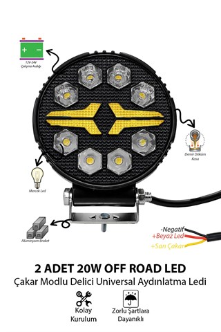Off-Road Yuvarlak LED Çalışma Lambası 2 Adet 20W -Selamlamalı Gündüz LED Flash Mod & Delici Işık