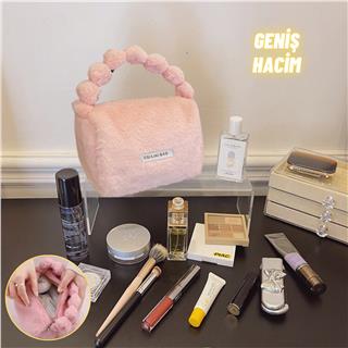 Peluş Makyaj Kozmetik Bakım Malzemesi Çantası ve Kürklü Seyahat Organizer Çanta