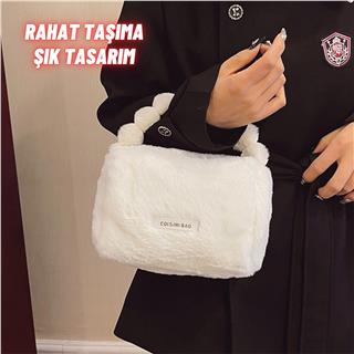 Peluş Makyaj Kozmetik Bakım Malzemesi Çantası ve Kürklü Seyahat Organizer Çanta