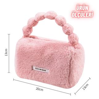 Peluş Makyaj Kozmetik Bakım Malzemesi Çantası ve Kürklü Seyahat Organizer Çanta