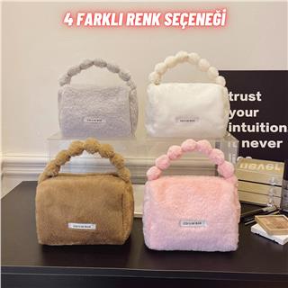 Peluş Makyaj Kozmetik Bakım Malzemesi Çantası ve Kürklü Seyahat Organizer Çanta